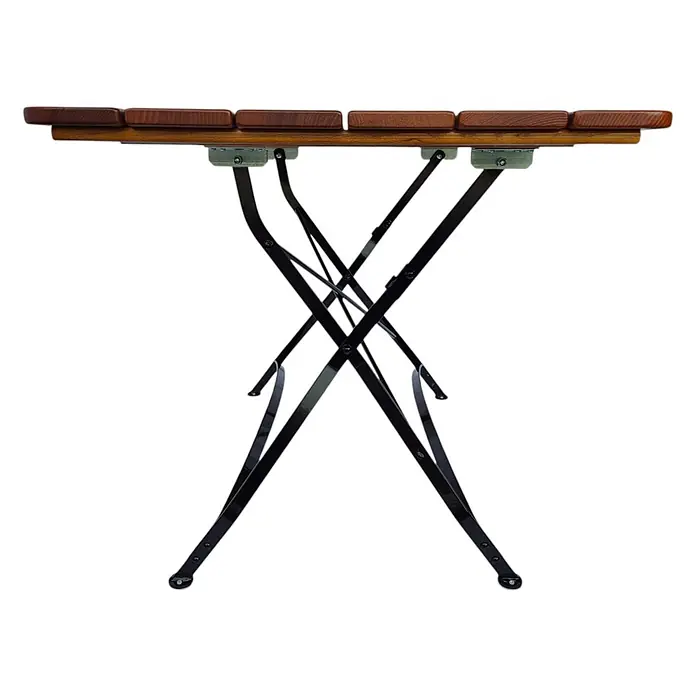 CHEFGASTRO BAVARIA Made in Germany HxBxT 74x120x70cm klappbar wetterfest & UV-beständig Eschenholz Schwarz/Braun -  - Brauner Klapptisch mit Holzlattenplatte und schwarzen gekreuzten Metallbeinen.