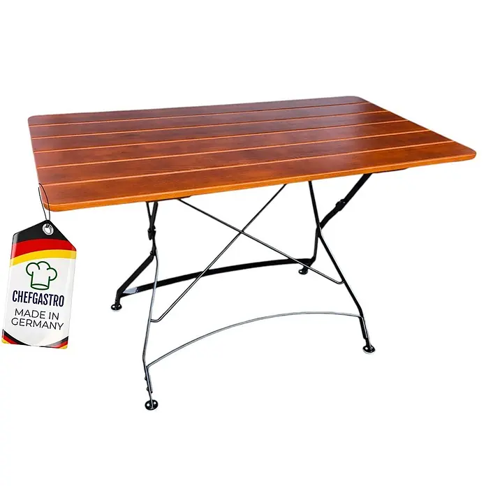 CHEFGASTRO BAVARIA Made in Germany HxBxT 74x120x70cm klappbar wetterfest & UV-beständig Eschenholz Schwarz/Braun -  - CHEFGASTRO rechteckiger Klapptisch mit Holzlattenplatte und schwarzem Metallgestell. Made in Germany.