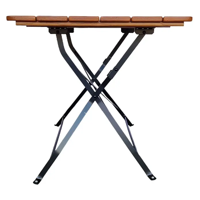 CHEFGASTRO BERGTAL Made in Germany HxBxT 74x120x70cm klappbar wetterfest & UV-beständig Eschenholz Schwarz/Braun 6 Personen -  - Brauner Holzlattentisch, klappbar, mit dunklem Metall-X-Gestell.