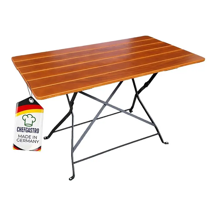 CHEFGASTRO BERGTAL Made in Germany HxBxT 74x120x70cm klappbar wetterfest & UV-beständig Eschenholz Schwarz/Braun 6 Personen -  - Rechteckiger Klapptisch mit Holzlatten und schwarzem Metallgestell.