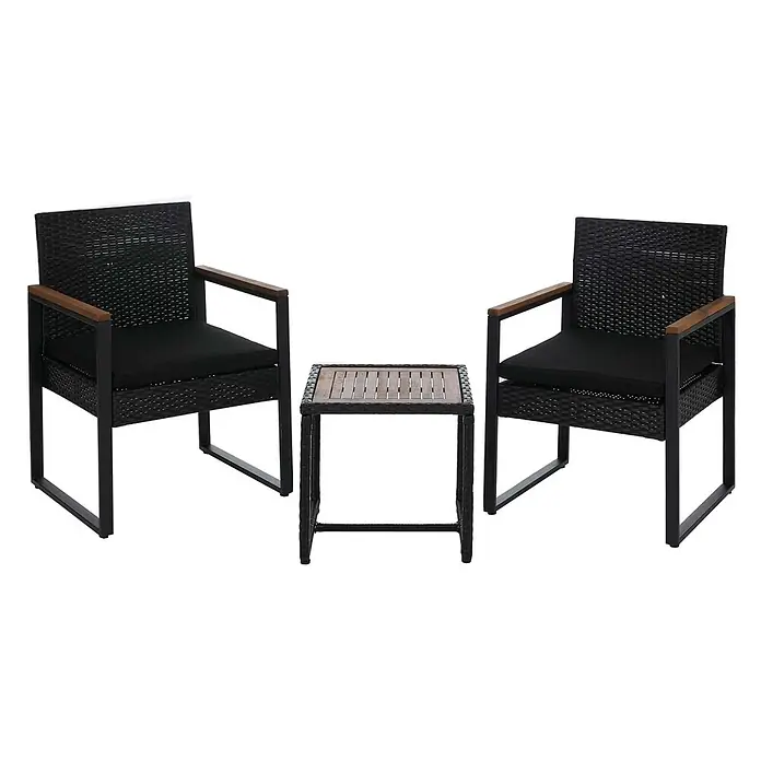 Mendler Loungemöbel-Set HWC-P74 - 3 -tlg., Polyrattan, Schwarz, Polster schwarz, Schwarz - Dreiteiliges schwarzes Rattan-Terrassenset mit Metallrahmen, Holzarmlehnen, schwarzen Kissen und einem Kaffeetisch mit Holzplatte.