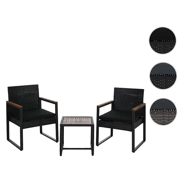 Poly-Rattan Garnitur | Lounge-Set Garten 2x Stuhl Tisch | Akazie Holz Stoff 180g/m2 | Schwarz | Polster Schwarz -  - Schwarze Rattan-Gartenmöbel mit zwei Stühlen, schwarzen Kissen und einem kleinen Tisch mit Holzplatte und schwarzem Gestell.