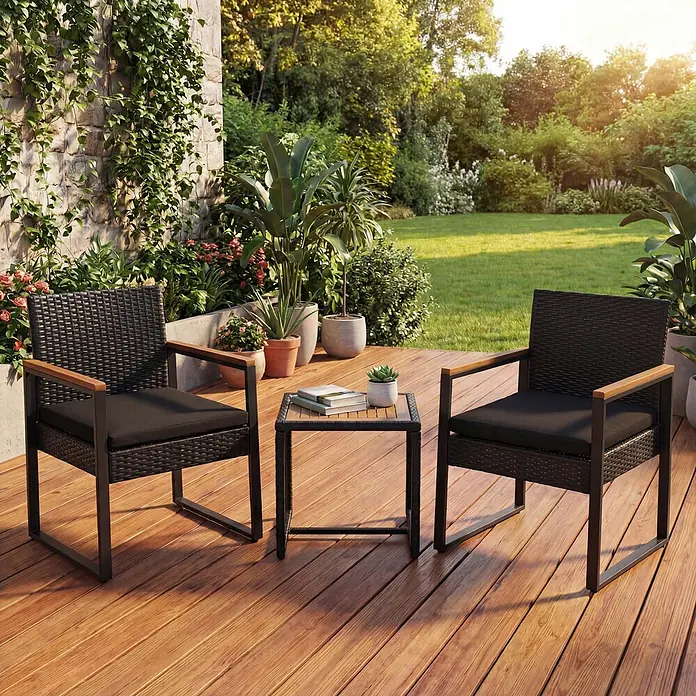 Mendler Loungemöbel-Set HWC-P74 - 3 -tlg., Polyrattan, Schwarz, Polster schwarz, Schwarz - Schwarzes Rattan-Loungeset mit Holzdetails und schwarzen Kissen auf einer Terrasse im Garten.