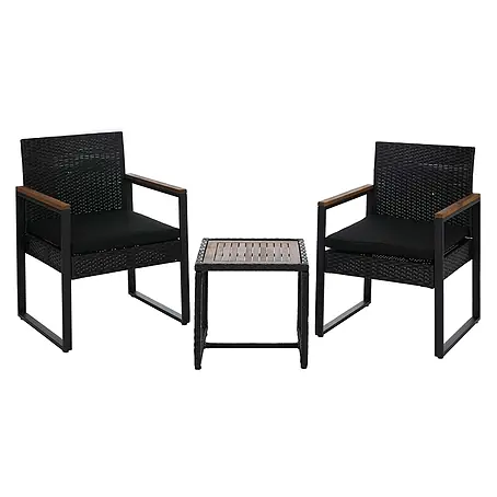 Poly-Rattan Garnitur | Lounge-Set Garten 2x Stuhl Tisch | Akazie Holz Stoff 180g/m2 | Schwarz | Polster Schwarz