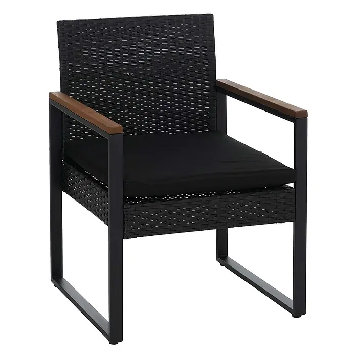Mendler Loungemöbel-Set HWC-P74 - 3 -tlg., Polyrattan, Schwarz, Polster schwarz, Schwarz - Schwarzer Outdoor-Sessel aus Geflecht mit schwarzem Kissen und braunen Holzarmlehnen auf Metallgestell.