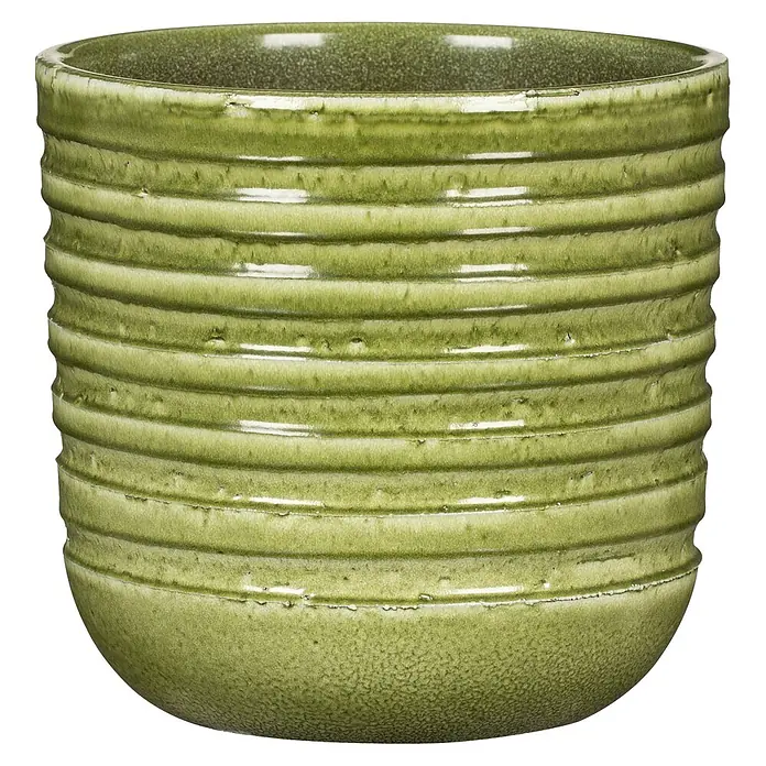 Übertopf rund Forest Moss - Außenmaß (Ø x H): 14,3 x 13,1 cm, Keramik, Grün - Grüner gerippter Keramik-Pflanztopf mit glänzender Oberfläche.