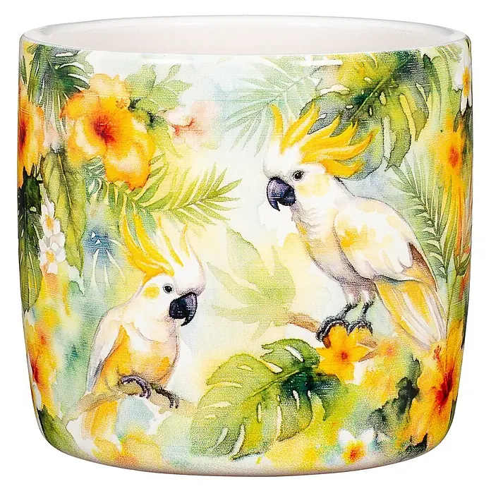 Übertopf rund Summer Bloom - Außenmaß (Ø x H): 15 x 13,6 cm, Keramik, Gelb/Grün - Mehrfarbiger tropischer Übertopf mit Kakadu- und Blumen-Aquarelldesign.
