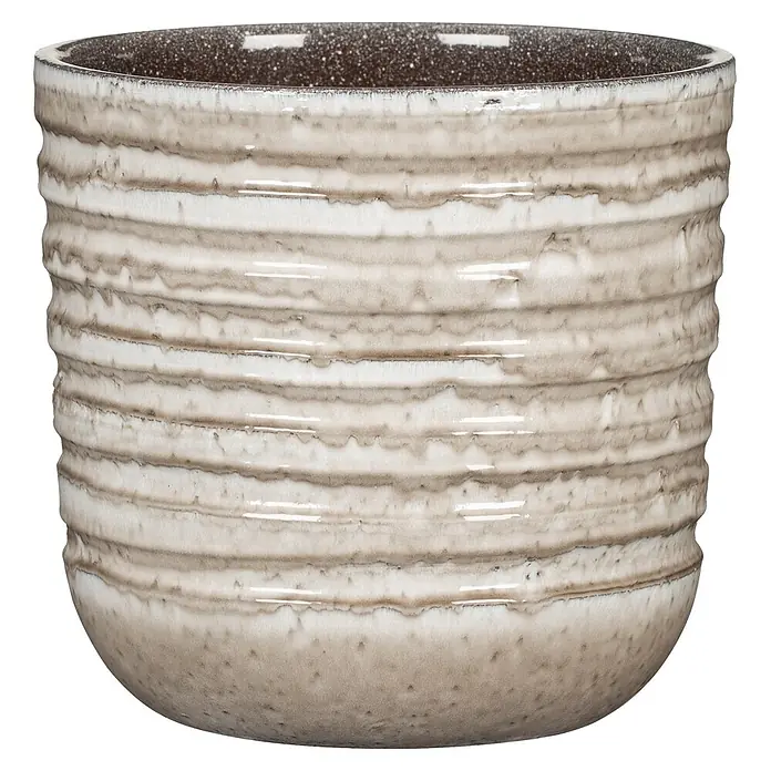 Scheurich Übertopf rund Nordic Dusk - Außenmaß (Ø x H): 14,3 x 13,1 cm, Keramik, Beige - Zylindrischer Keramik-Pflanztopf mit gerippter, strukturierter Außenseite in Off-White- und Braunglasur, dunklem Sprenkel-Inneren.