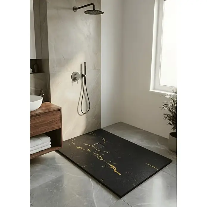 Plato de ducha Nova - L x An: 100 x 90 cm, Resinas sintéticas, Calacata negro y oro - Plato de ducha negro con vetas doradas en un baño moderno bajo una ducha.