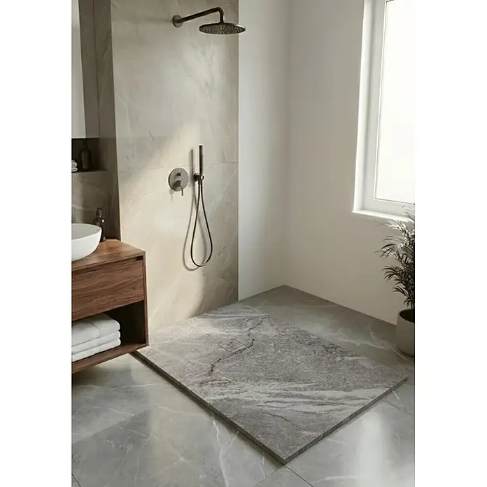Plato de ducha Nova - L x An: 100 x 90 cm, Resinas sintéticas, Calacata gris - Plato de ducha de mármol gris oscuro, integrado en una moderna zona de ducha de baño.