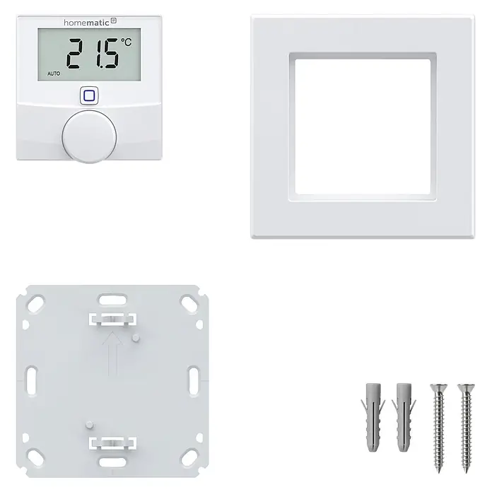 Homematic IP Funk-Raumthermostat mit Luftfeuchtigkeitssensor HmIP-WTH-3 - Weiß, 25 x 86 x 86 mm - Weiße Homematic IP Smart-Thermostat-Komponenten: Thermostat, Rahmen, Montageplatte, Dübel und Schrauben zur Installation.