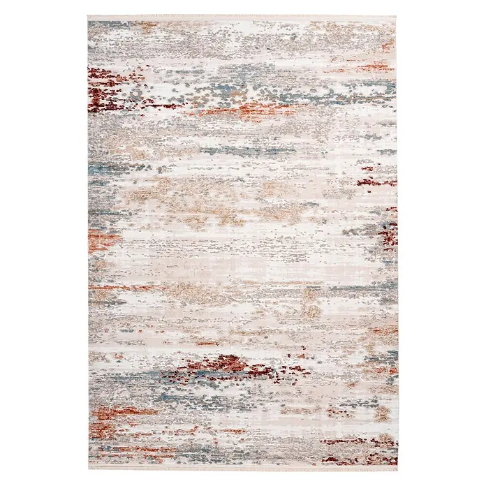 Kayoom Kurzflorteppich Akropolis 325 - Grau/Lachsrosa, 150 x 80 cm, 100 % Polyester - Abstrakter Teppich mit Used-Look-Muster in Beige, Grau, Weiß, Rost und Türkis.