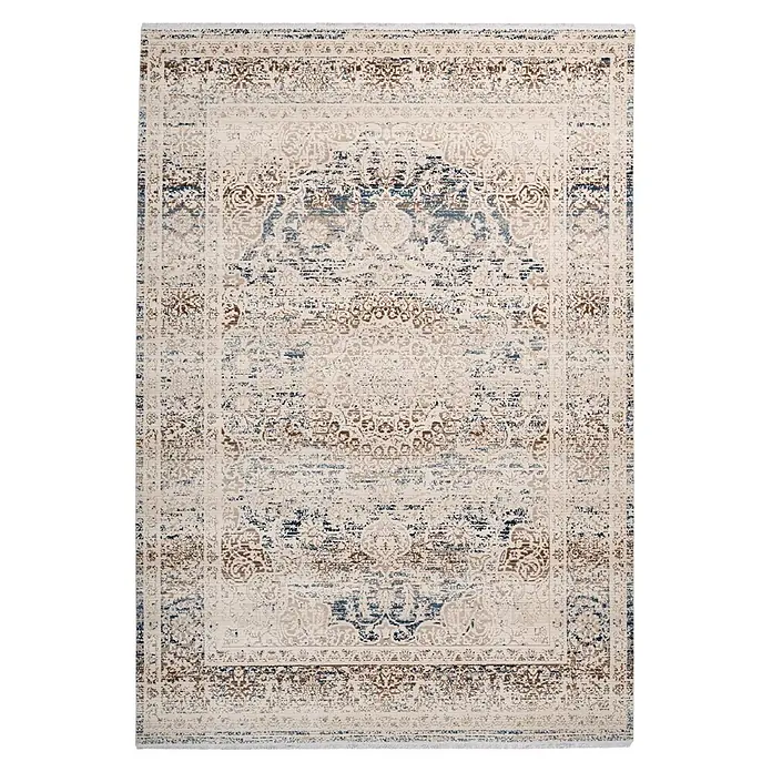 Kayoom Kurzflorteppich Anouk 1125 - Creme, 150 x 80 cm, 100 % Polypropylen - Distressed Teppich im Vintage-Stil in Off-White, Blau und Braun, mit aufwendigem Medaillon- und Bordürendesign.