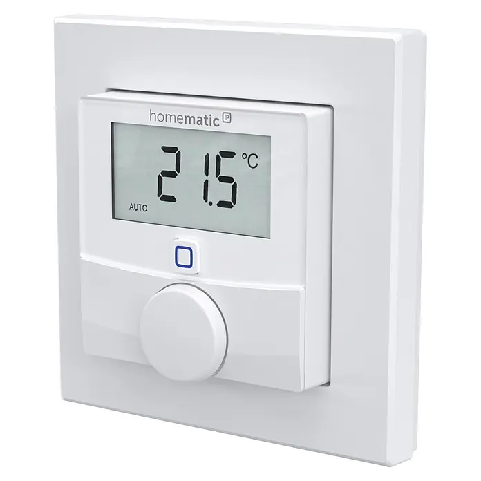 Homematic IP Funk-Raumthermostat mit Luftfeuchtigkeitssensor HmIP-WTH-3 - Weiß, 25 x 86 x 86 mm - Weißes Homematic IP Thermostat mit Digitalanzeige (21.5°C, AUTO), blau beleuchtetem Knopf und Drehregler.