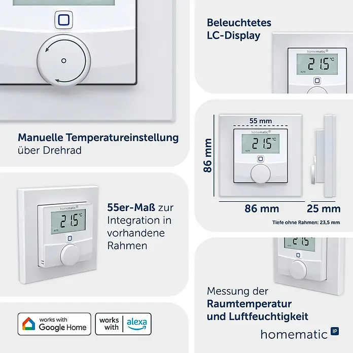 Homematic IP Funk-Raumthermostat mit Luftfeuchtigkeitssensor HmIP-WTH-3 - Weiß, 25 x 86 x 86 mm - Weißer Homematic Smart-Thermostat mit beleuchtetem LC-Display (21,5°C) und Drehrad. 55mm Rahmenintegration, misst Temperatur/Luftfeuchtigkeit, Google Home/Alexa kompatibel.
