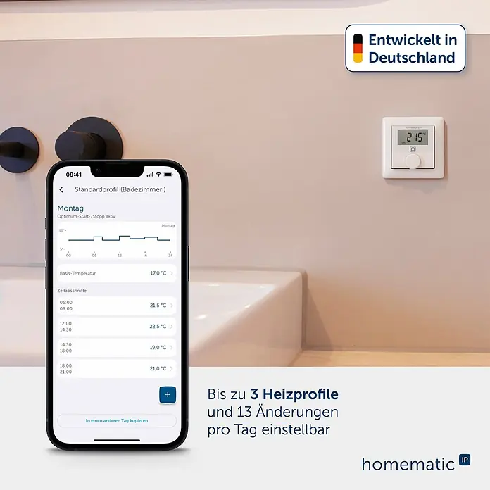 Homematic IP Funk-Raumthermostat mit Luftfeuchtigkeitssensor HmIP-WTH-3 - Weiß, 25 x 86 x 86 mm - Smartphone-App zeigt Heizplan für ein smartes Thermostat, daneben ein Wandthermostat mit 21,5°C Anzeige.