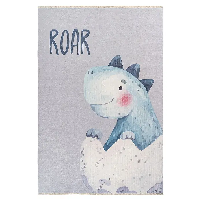 Kayoom Kinderteppich Joanna 626 - Multi, 170 x 115 cm, 70 % Baumwolle, 30 % Polyester - Grauer Kinderteppich mit blauem Comic-Dinosaurier im Ei und Schriftzug "ROAR".