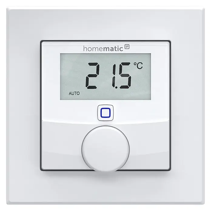 Homematic IP Funk-Raumthermostat mit Luftfeuchtigkeitssensor HmIP-WTH-3 - Weiß, 25 x 86 x 86 mm - Weißes Homematic IP Smart-Thermostat mit Digitalanzeige (21,5 °C, AUTO), quadratischem Knopf und rundem Drehregler.