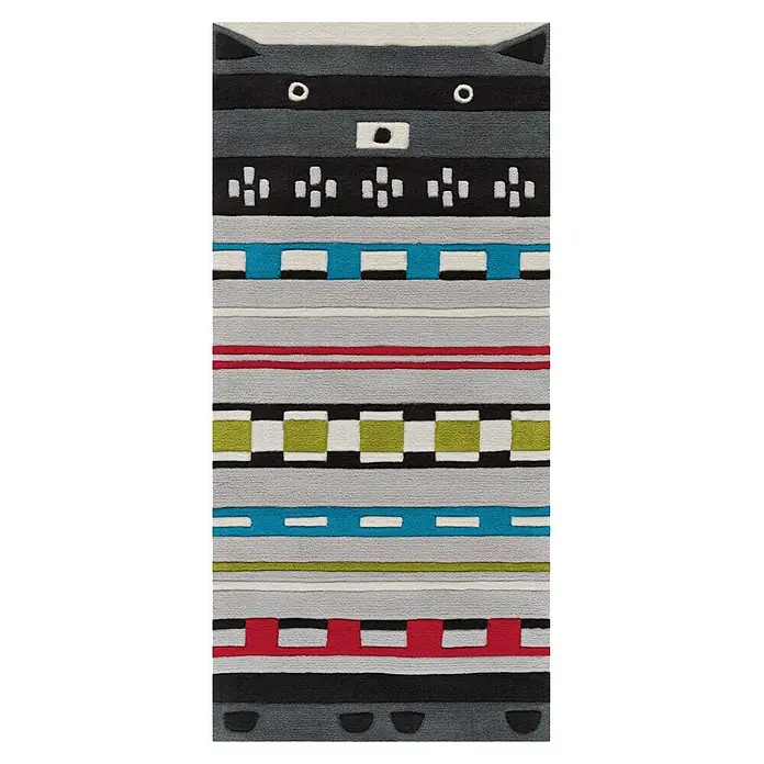 Kayoom Kinderteppich Joy 4174 - Multi, 160 x 75 cm, 100 % Modacryl - Mehrfarbiger getufteter Teppich mit abstraktem Waschbärengesicht und geometrischen Streifenmustern in Grau, Schwarz, Weiß, Rot, Blau und Limettengrün.