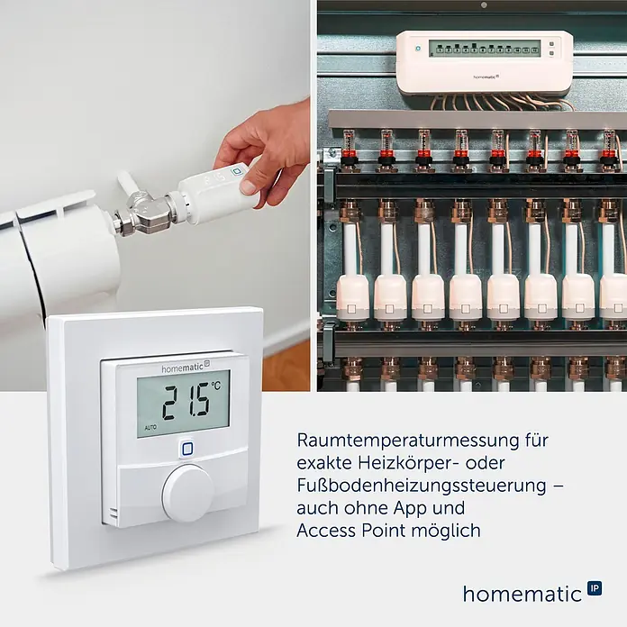 Homematic IP Funk-Raumthermostat mit Luftfeuchtigkeitssensor HmIP-WTH-3 - Weiß, 25 x 86 x 86 mm - Homematic IP Smart Home Heizungssteuerung: ein Wandthermostat, ein montierter Heizkörperthermostat und eine Fußbodenheizungs-Steuereinheit.