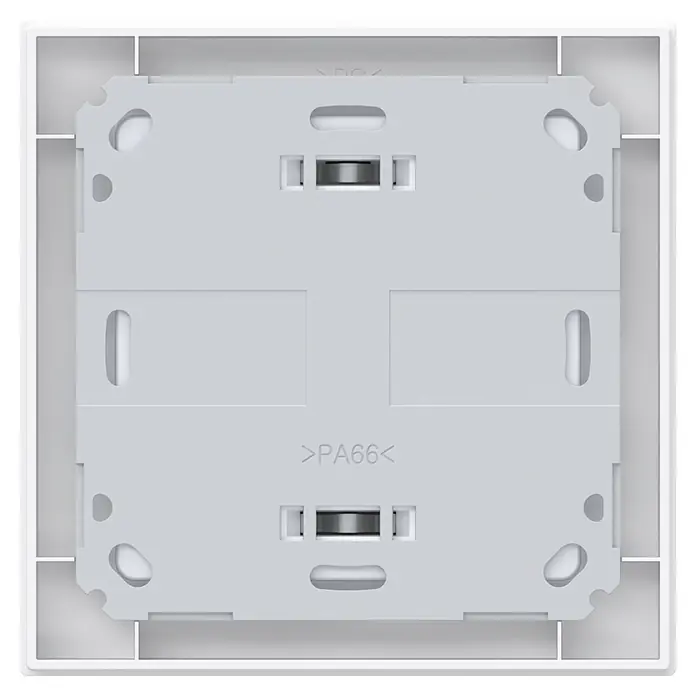 Homematic IP Funk-Raumthermostat mit Luftfeuchtigkeitssensor HmIP-WTH-3 - Weiß, 25 x 86 x 86 mm - Weiße Kunststoff-Elektromodulrückseite mit Befestigungspunkten und PA66-Materialkennzeichnung.