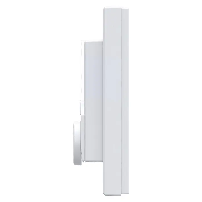 Homematic IP Funk-Raumthermostat mit Luftfeuchtigkeitssensor HmIP-WTH-3 - Weiß, 25 x 86 x 86 mm - Weißes rechteckiges Gerät mit seitlichem Drehknopf.