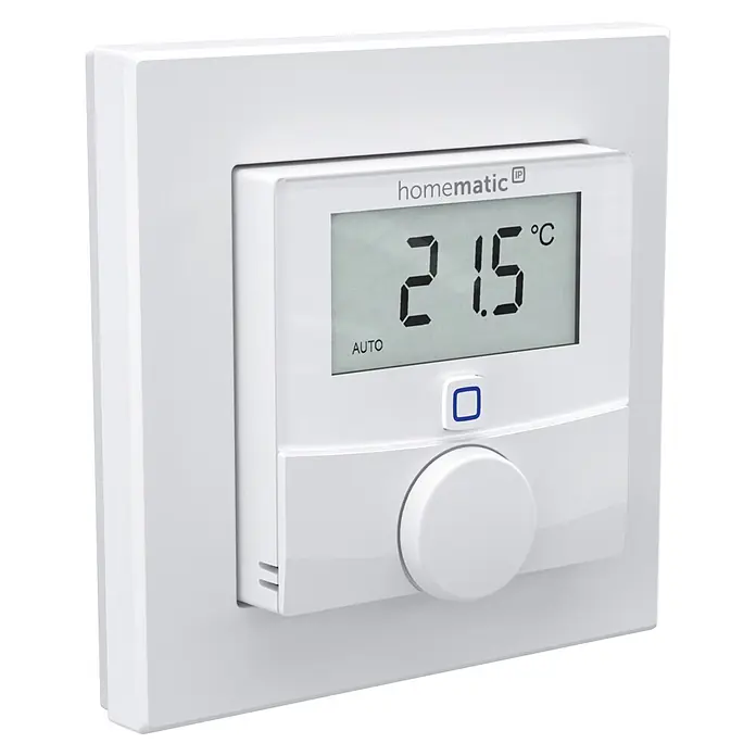 Homematic IP Funk-Raumthermostat mit Luftfeuchtigkeitssensor HmIP-WTH-3 - Weiß, 25 x 86 x 86 mm - Weißes Homematic IP Smart Home Thermostat mit Digitalanzeige (21.5 °C, AUTO-Modus), blau umrandetem Knopf und Drehregler.