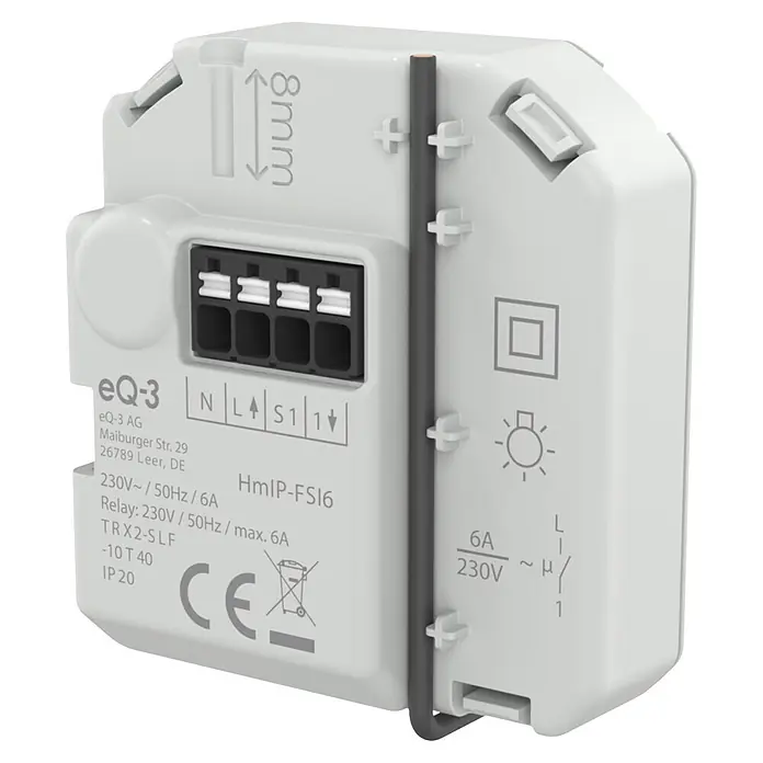 Homematic IP Aktor Schaltaktor mit Taster­­eingang (6 A) – Unterputz - Weiß - Hellgraues Smart-Home-Relaismodul aus Kunststoff mit sichtbaren Schraubklemmen und „HmIP-FSI6“-Beschriftung.