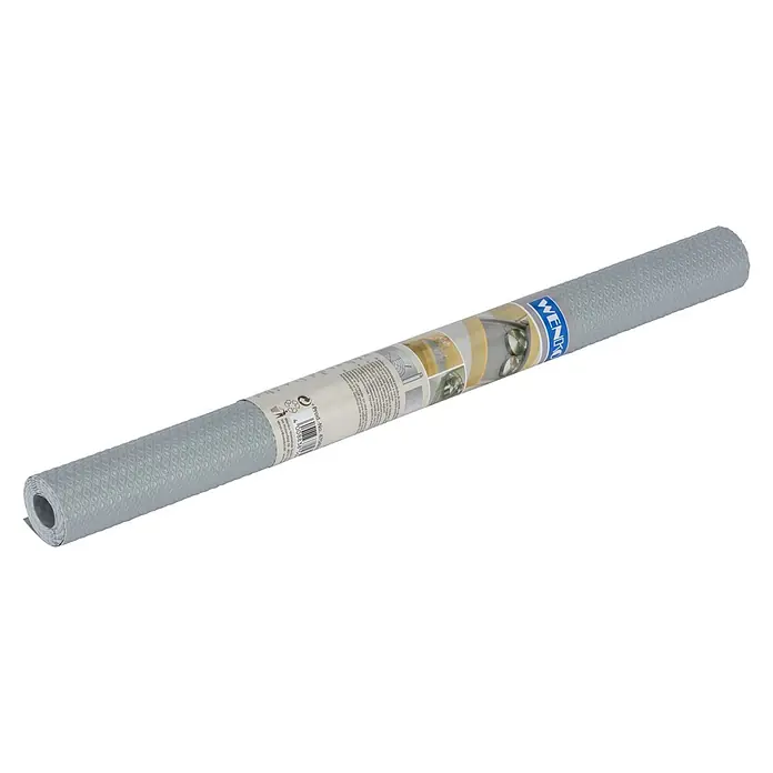 Wenko Anti-Rutsch-Pad - Grau - Graue, strukturierte Anti-Rutsch-Matte aufgerollt mit WENKO-Etikett, für Schubladen oder Regale.