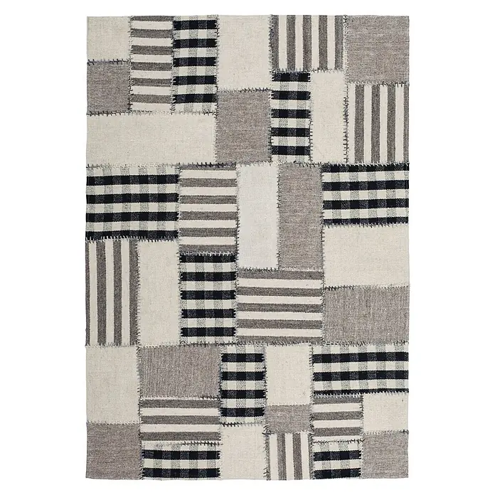 Kayoom Wollteppich Liana 214 - Natur, 230 x 160 cm, 90 % Wolle, 10 % Baumwolle - Patchwork-Teppich in Creme, Grau und Schwarz mit Streifen- und Karomustern. Ein vielseitiger Bodenteppich.