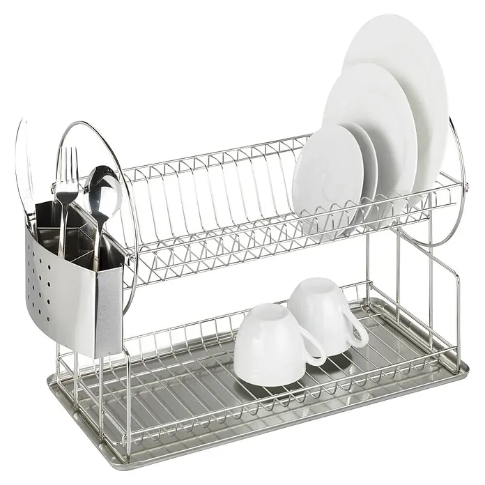 Wenko Geschirrkorb - L x B x H: 460 x 240 x 100 mm, Edelstahl - Zweistufiger Geschirrabtropfer aus Edelstahl mit Besteckhalter, gefüllt mit Tellern und Tassen.