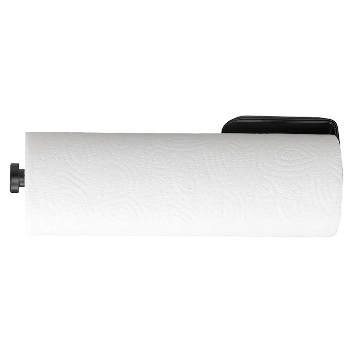 Wenko Küchenrollenhalterung - L x B x H: 300 x 140 x 75 mm, Schwarz - Weiße Küchenrolle auf schwarzem Halter.