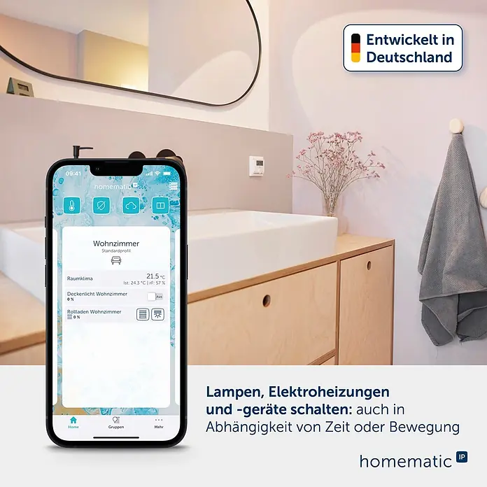 Homematic IP Aktor Schaltaktor mit Taster­­eingang (6 A) – Unterputz - Weiß - Homematic IP App auf Smartphone in modernem Bad, zeigt Smart Home Steuerung für Licht, Heizungen & Geräte nach Zeit/Bewegung. In Deutschland entwickelt.