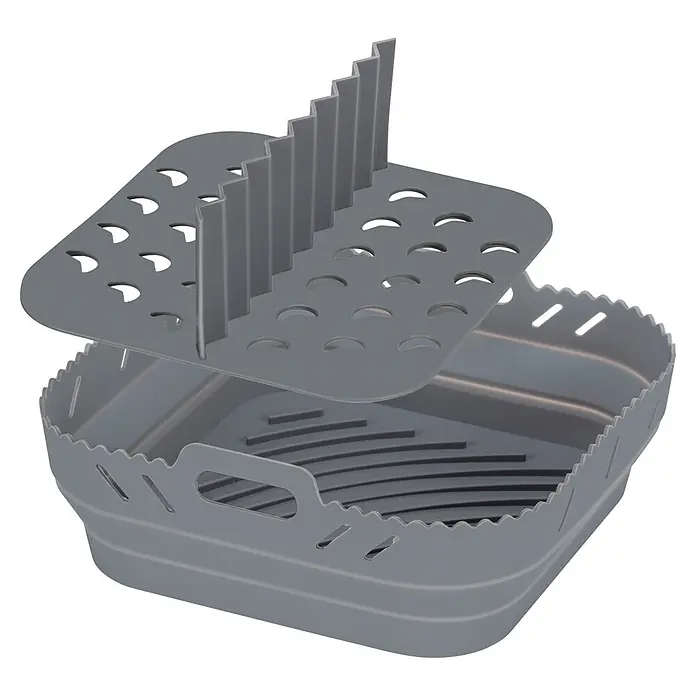 Wenko Heißluftfriteusen-Silikonform Nara Eckig - Grau - Grau silikon Heißluftfritteusen-Einlage mit herausnehmbarer Trennwand für Speisen.