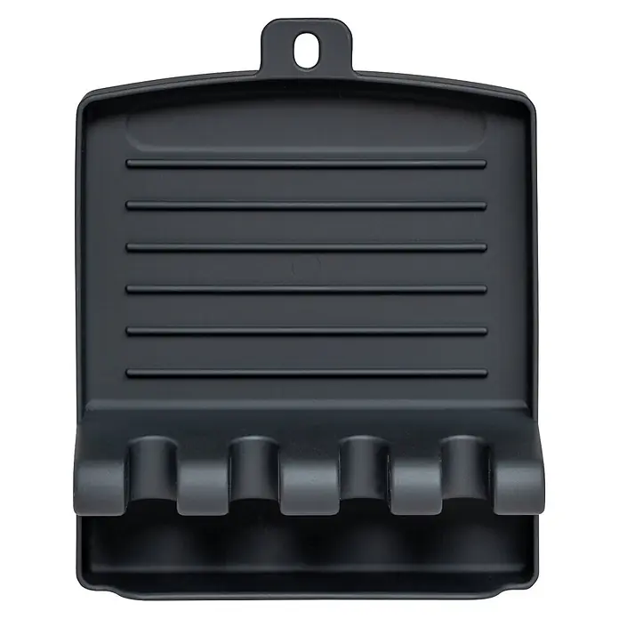Wenko Ablage - Breite: 126 mm, Kunststoff, Schwarz, Passend für: Töpfe und Löffel - Schwarze Silikon-Küchenutensilienablage mit mehreren Schlitzen, geriffelter Oberfläche und Aufhängeöse.