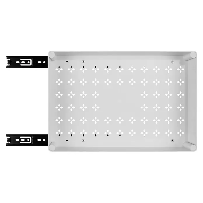 Wenko Organizer - L x B x H: 270 x 400 x 80 mm, Weiß - Weißes, gelochtes Metallfach mit sternförmigen Öffnungen und zwei schwarzen Schubladenauszügen.