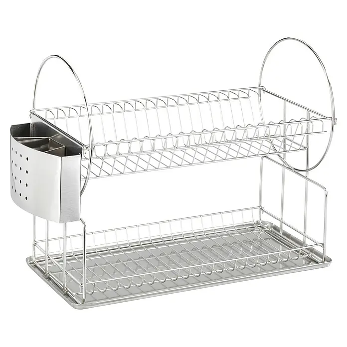 Wenko Geschirrkorb - L x B x H: 460 x 240 x 100 mm, Edelstahl - Zweistöckiger Geschirrabtropfständer aus silbernem Metall mit Besteckhalter und Abtropfschale.