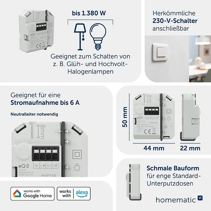 Homematic IP Aktor Schaltaktor mit Taster­­eingang (6 A) – Unterputz - Weiß - Weißes, kompaktes Smart-Home-Schaltmodul, aus verschiedenen Blickwinkeln mit Maßen und technischen Details gezeigt.