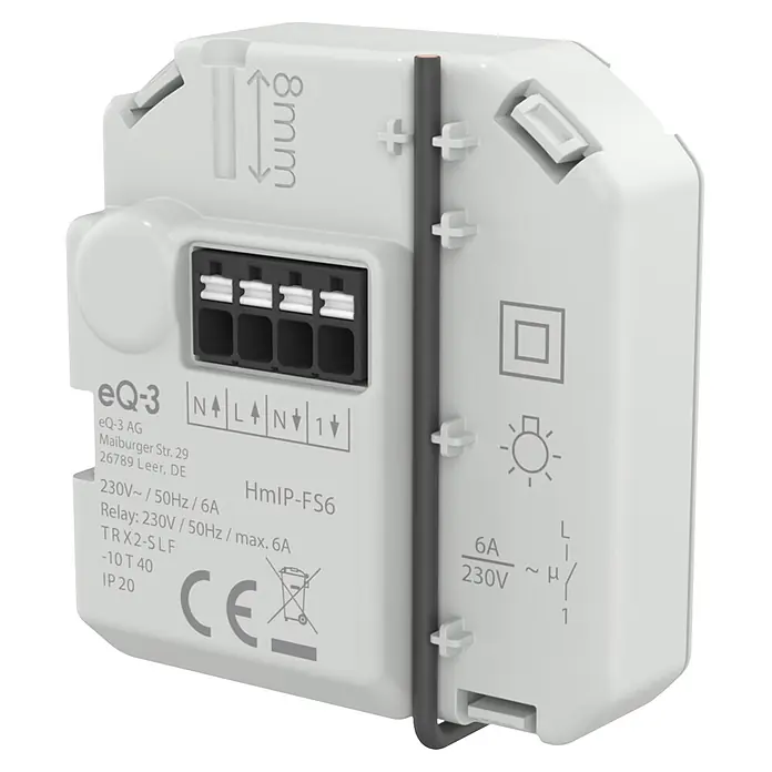 Homematic IP Aktor Schaltaktor (6 A) – Unterputz - Weiß - Ein hellgrauer Unterputz-Schaltaktor für Elektroinstallationen, mit Anschlussklemmen und technischen Spezifikationen.