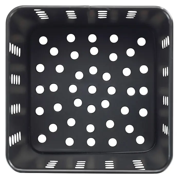 Wenko Ablagekorb - L x B x H: 115 x 115 x 165 mm, Metall, Schwarz - Schwarzer quadratischer Lochbehälter mit runden Löchern und geschlitzten Seiten.