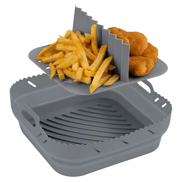 Wenko Heißluftfriteusen-Silikonform Nara Eckig - Grau - Grauer Silikon-Heißluftfritteusenkorb mit Teiler für Pommes und Chicken Nuggets.
