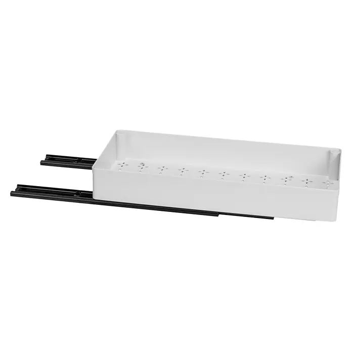 Wenko Organizer - L x B x H: 389 x 175 x 70 mm, Weiß - Weißer Kunststoff-Auszugkasten mit schwarzen Schienen, sternförmigen Perforationen und kleinen Löchern am Boden, zur Organisation.