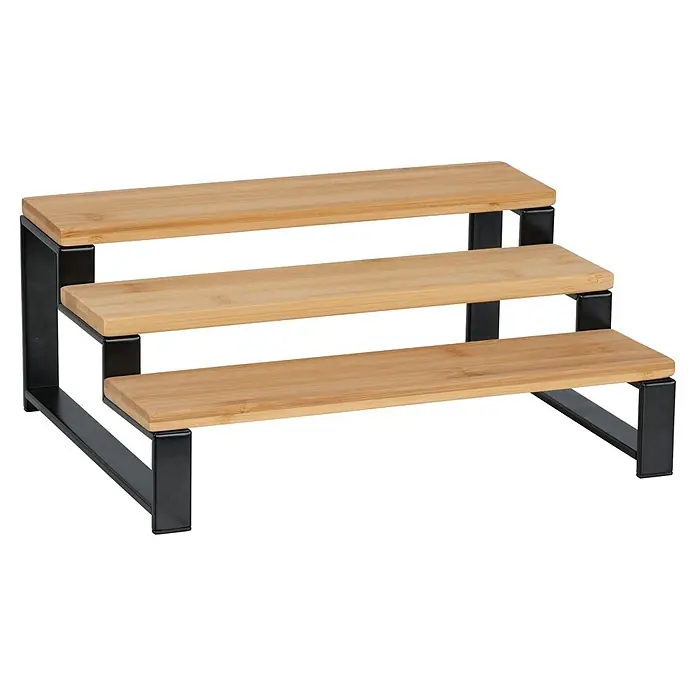 Wenko Gewürzregal - L x B x H: 295 x 75 x 120 mm, Metall, Schwarz - Dreistufiges Gewürzregal mit natürlichen Bambusablagen und schwarzem Metallgestell.