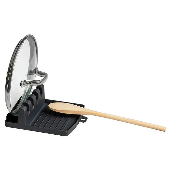 Wenko Ablage - Breite: 126 mm, Kunststoff, Schwarz, Passend für: Töpfe und Löffel - Dunkelgraue Deckel- und Löffelablage mit Glasdeckel und Holzlöffel.