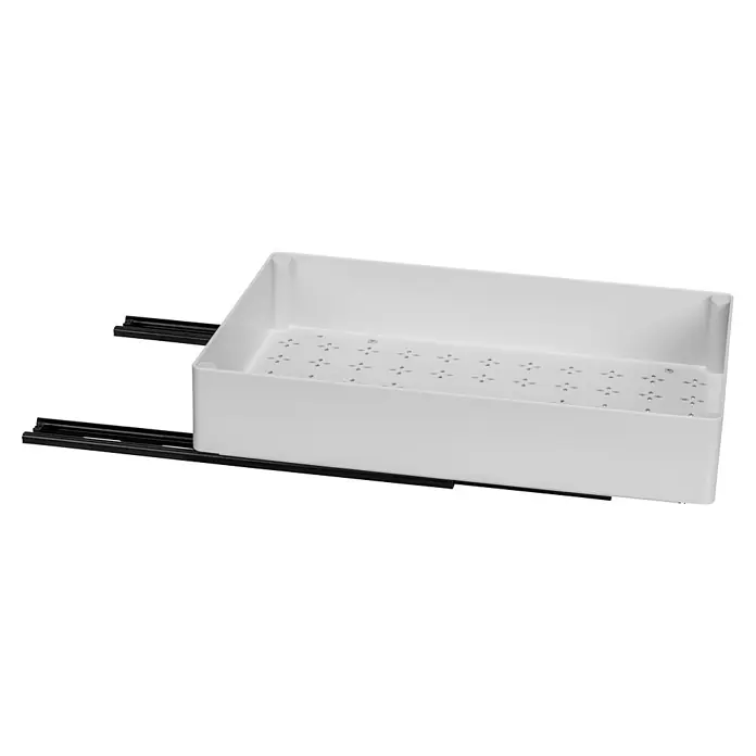 Wenko Organizer - L x B x H: 270 x 400 x 80 mm, Weiß - Weißer rechteckiger Kunststoffschublade mit gelochtem Boden, montiert auf schwarzen Schubladenführungen.