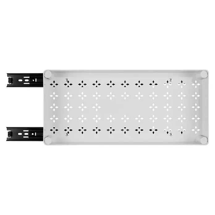 Wenko Organizer - L x B x H: 389 x 175 x 70 mm, Weiß - Weißer Metallschubkasten mit Lochmuster, gezeigt mit schwarzen Schubladenauszügen.