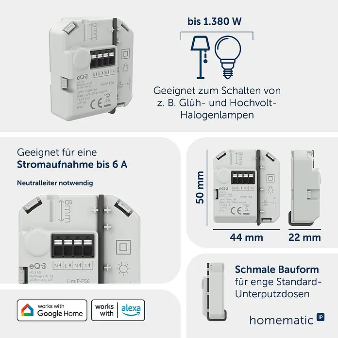 Homematic IP Aktor Schaltaktor (6 A) – Unterputz - Weiß - Weißer Smart Home Unterputzschalter (Homematic IP), kompakt, 50x44x22mm. Für bis zu 1380W/6A, kompatibel mit Google Home/Alexa.