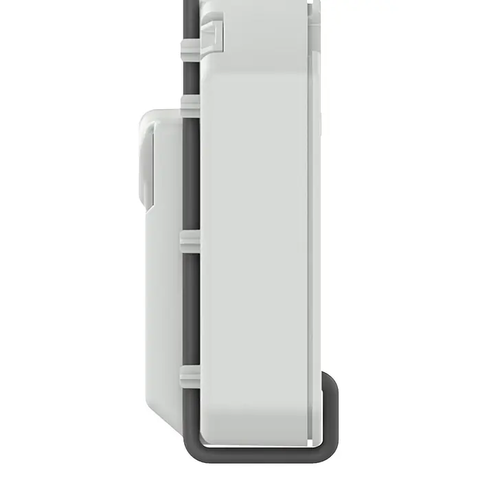 Homematic IP Aktor Schaltaktor (6 A) – Unterputz - Weiß - Seitenansicht eines weißen, rechteckigen Smart-Home-Geräts mit einem dunkelgrauen U-förmigen Rohr.