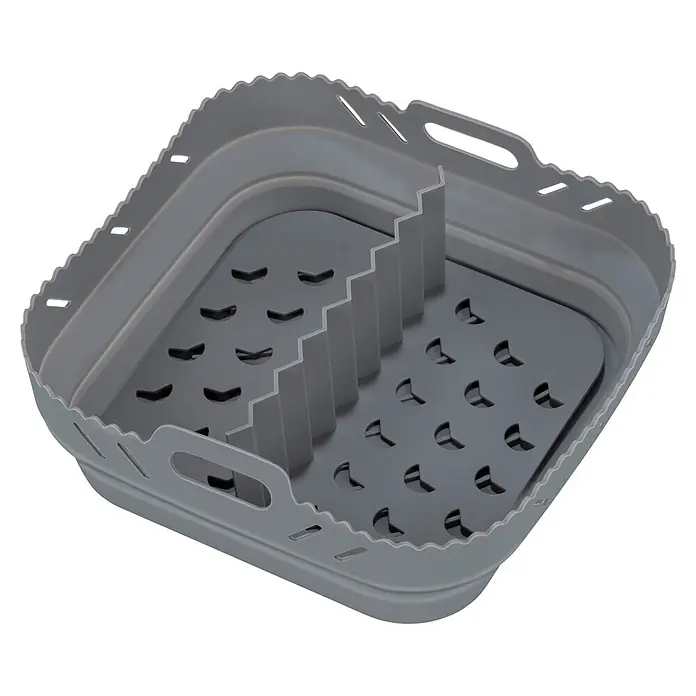 Wenko Heißluftfriteusen-Silikonform Nara Eckig - Grau - Zusammenklappbarer grauer Silikon-Heißluftfritteusenkorb mit Teiler für verschiedene Speisen.