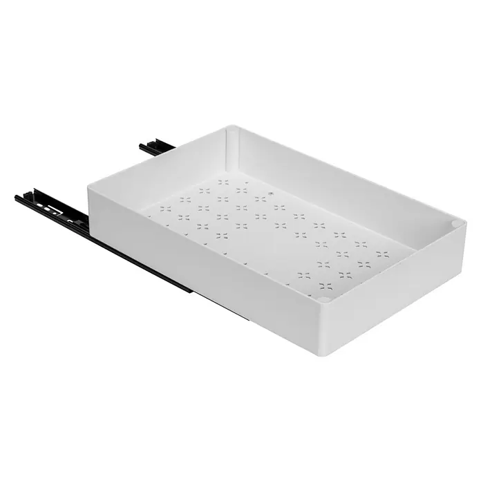 Wenko Organizer - L x B x H: 270 x 400 x 80 mm, Weiß - Weißer Kunststoff-Schubladenauszug mit perforiertem Boden und schwarzen Metallschienen.